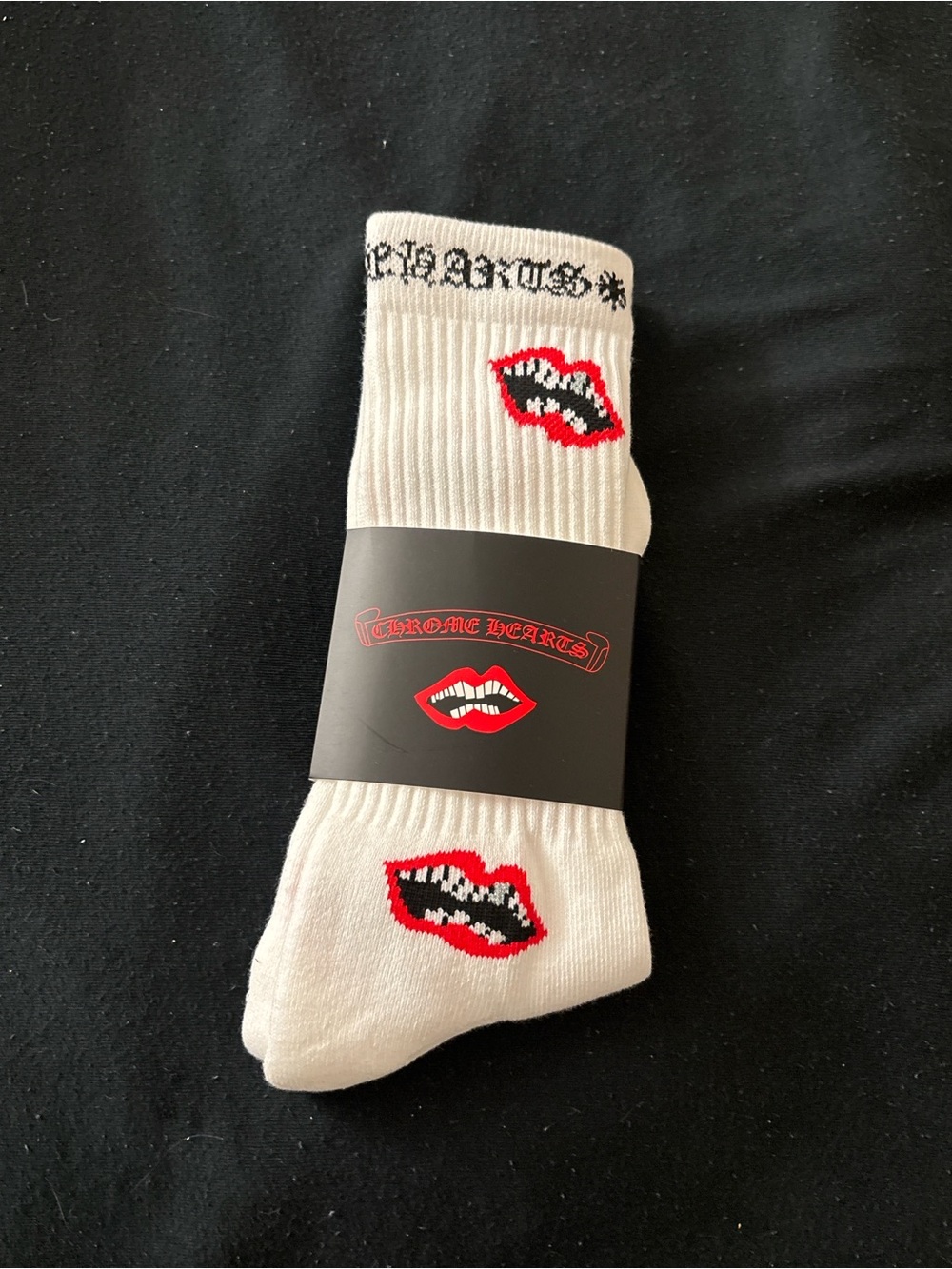 Chrome Hearts White Crew Socks with Red & Black Lip Motif - Men